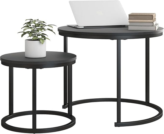 HOJINLINERO Small Coffee Table Set of 2, Round End Tables for Living Room, Modern Black Nesting Tables, Farmhouse Wood Side Table With Metal Frame, Easy Assembly, Stacking