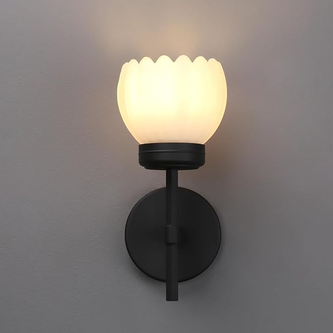 Yosoan Brass Boho Indoor Vintage Wall Sconce Set of 2, Modern Vanity Finished Industrial Hardwired Wall Mounted with Milk Transparent Tulip Flower Shade for Living Room Bedroom Kitchen Hallway(Black)