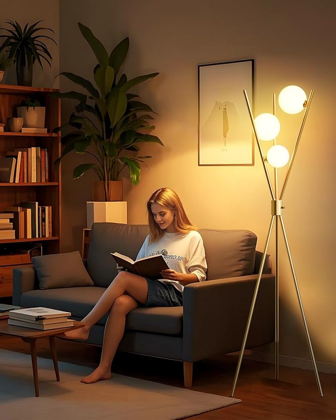Lightdot Tripod Floor Lamp Stepless Dimmable Globe Modern Floor Lamp Gold Standing Lamps with 3PCS 3000K G9 Bulbs Stable Base Mid Century Floor Lamps for Living Room