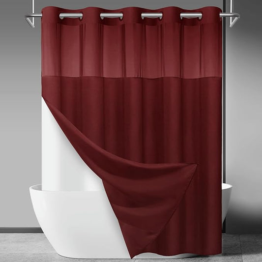 No Hook Slub Textured Shower Curtain with Snap in Liner - Burgundy Fabric Outer Curtain & Waterproof Inner Liner, Hotel Style with See Through Top Window, 71x74 in