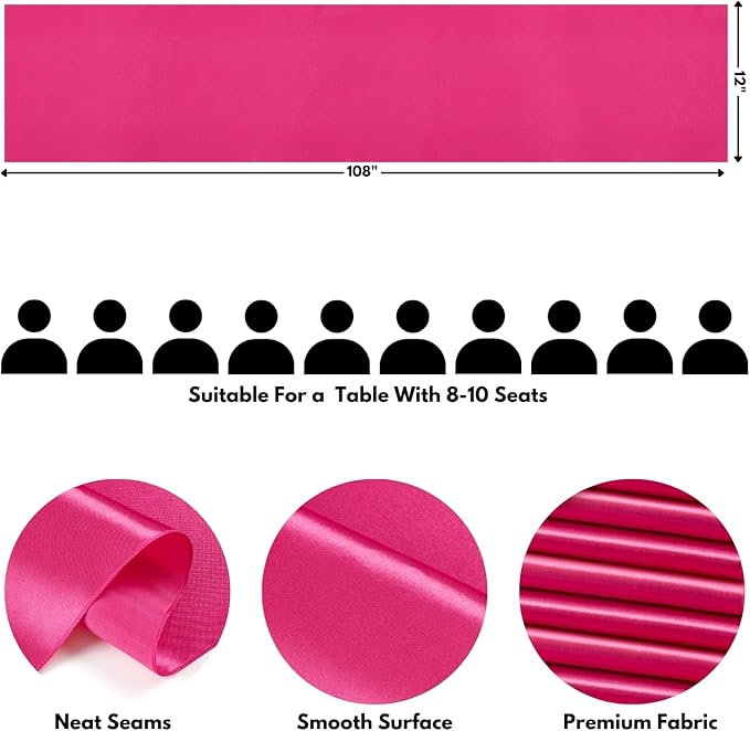 Hot Pink Table Runner 12x108 Inches Long, Satin Silk-Like Smooth Table Decor for Wedding Birthday Party, 12 Pack
