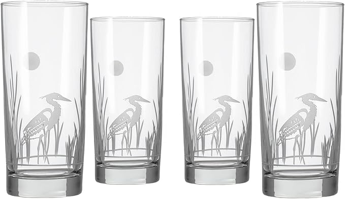 Rolf Glass Heron Highball Glass | 15oz Set of 4 Cooler Glasses | Lead-Free and Engraved | Drinking Glass with Heavy Base | Designed and Engraved in the USA | Coastal Bird Design