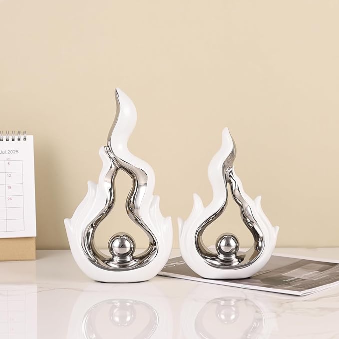 2 Pcs White and Silver Ceramic Sculptures for Home Decor, Modern Abstract Art Statues, Centerpieces for Dining Room Table, Living Room, Shelf, Mantel, Coffee Table, Entryway Accent Decorations