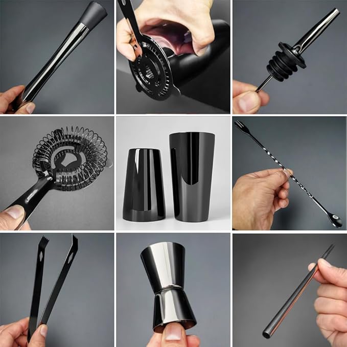 Professional Cocktail Shaker Set with Stand Cocktail Recipes, 15-Piece 750/600ml Bartender Kit, Bar Sets Bartending Kit Bar Tool Set 25/20oz Boston Shakers, Jigger, Muddler (Black)