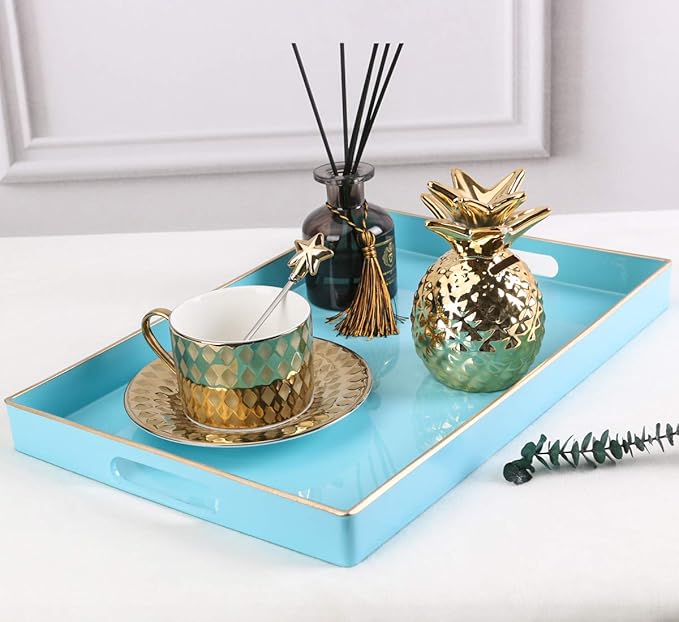 Zosenley Decorative Tray, Rectangular Plastic Tray with Handles, Modern Vanity Tray and Serving Tray for Bathroom, Kitchen, Ottoman and Coffee Table, 15.6” x 10.2”, Blue