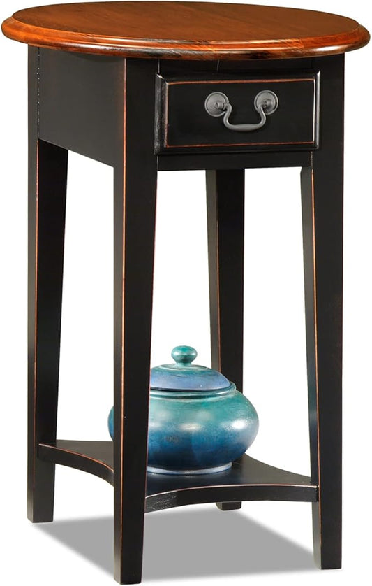 Leick Home End Table, Solid Wood, Oval Shape Top, 1 Storage Drawer, Bottom Display Shelf, Easy-Assembly, For Living Room/Bedroom, Slate Black/Medium Oak, 15.75 in. L x 20.5 in. W x 23.5 in. H, 9042-SL