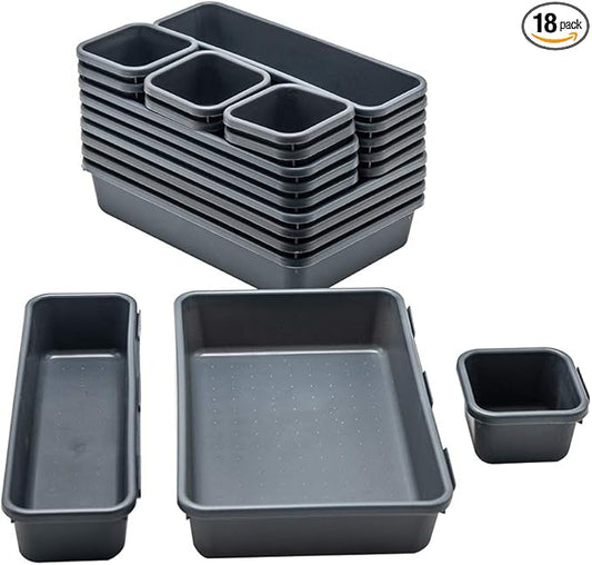 Gonice 18 PCS Black Desk Drawer Organizer Tray, Interlocking Drawer Organizers and Storage with 3 Sizes for Office, Bathroom, Kitchen, Makeup