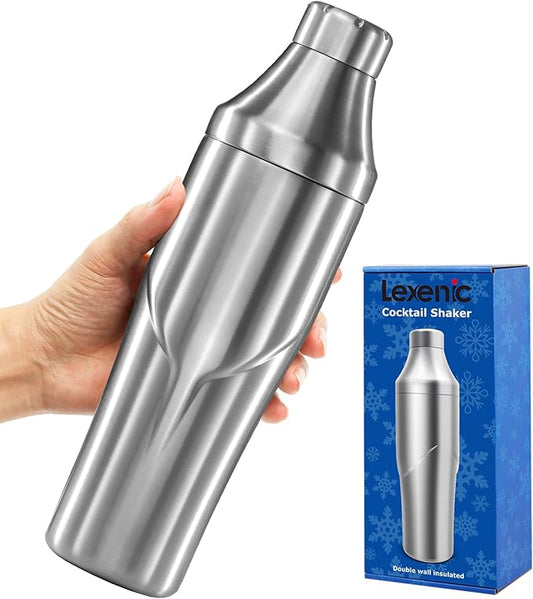 Lexenic 24oz Cocktail Shaker - Insulated Double Wall Keep Drink Chilled - No Stuck Twist Lid,Leakproof and Built-in Strainer - Perfect for Home Bar- Premium Stainless Steel Drink Shaker,Martini Shaker