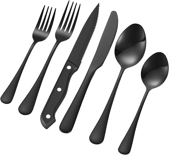 VEVOR 48-Piece Black Silverware Set with Steak Knives, Food-Grade Stainless Steel Flatware Utensils for 8, Mirror Finished Cutlery Set, Dishwasher Safe Eating Tableware for Kitchen Home, Service for 8