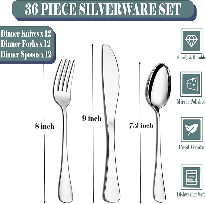 36 Piece Fork Spoon Knife Set, Food-Grade Stainless Steel Silverware Set for 12(Includes 12 Knives, 12 Forks, 12 Spoons),Mirror Polished And Dishwasher Safe