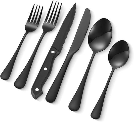 VEVOR 48-Piece Black Silverware Set with Steak Knives, Food-Grade Stainless Steel Flatware Utensils for 8, Mirror Finished Cutlery Set, Dishwasher Safe Eating Tableware for Kitchen Home, Service for 8