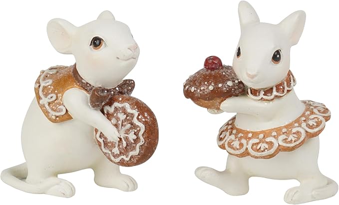 Braxio Gingerbread Decor Christmas Decorations Indoor - Set of 2 Resin Christmas Mouse with Cake and Cookie Christmas Decorations Indoor Home Decor, Off White