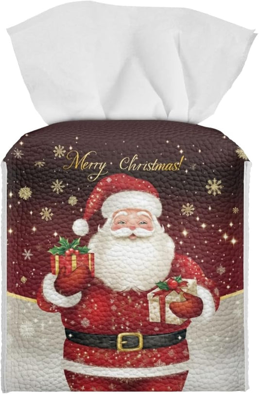Santa Claus Tissue Box Cover Square Facial Tissue Holder Storage for Bedroom Bathroom Night Stand Car Modern Christmas Decorative with Buttons Napkin Case Covers