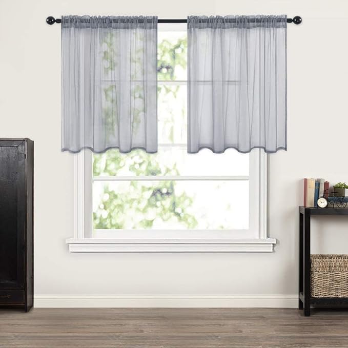 MIULEE 2 Panels Kitchen Tiers Half Window Sheer Curtains Rod Pocket Translucent Voile Drapes for Kitchen Bathroom Small Windows 29 by 36 Inch Dark Grey