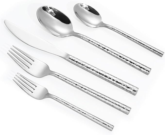Hammered Silverware Set,Zerophilo Flatware Set 20 Pieces 18/10 Stainless Steel Cutlery Set for 4 Mirror Polished,Dishwasher Safe
