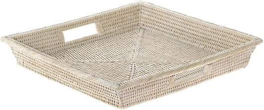KOUBOO La Jolla Rattan Square Serving Tray | Decorative Tray for Coffee Table, Dining Table, Kitchen Counter | Wicker Basket for Coastal Decor, Food Serving Tray, White Wash, 17.5" x 17.5"