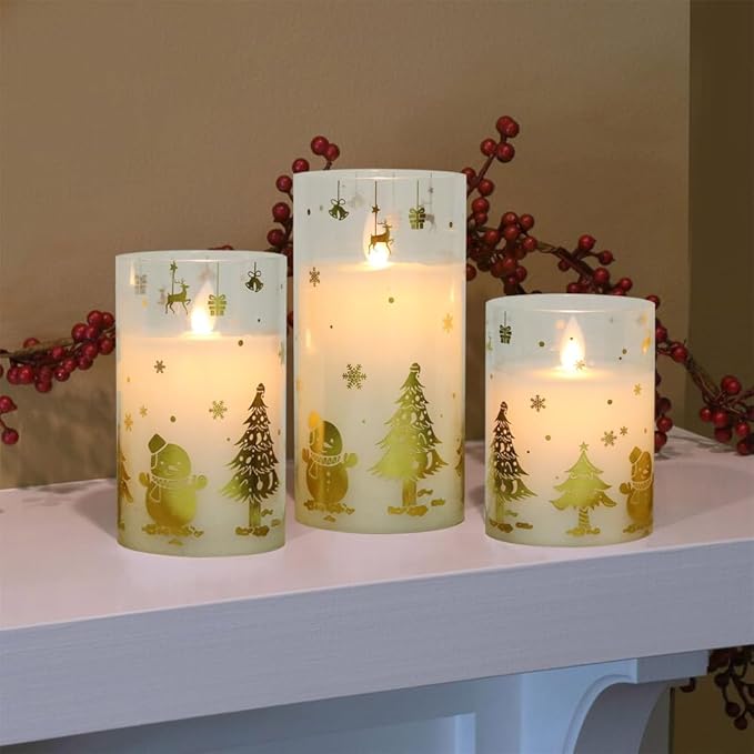 DRomance Christmas Battery Operated Flameless Candles Flickering Remote and Timer Glass LED Pillar Candles Moving Wick Real Wax Gold Snowman Christmas Tree Decals Holiday Decor D3 x H4, 5", 6"