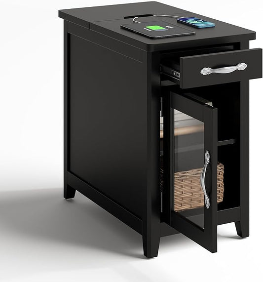 LINSY HOME End Table Set of 2 with Charging Station, Modern Farmhouse Side Table with Drawer, Wooden Narrow Bedside Table for Living Room, Slim Nightstand with Storage Cabinet, Black, Glass Door