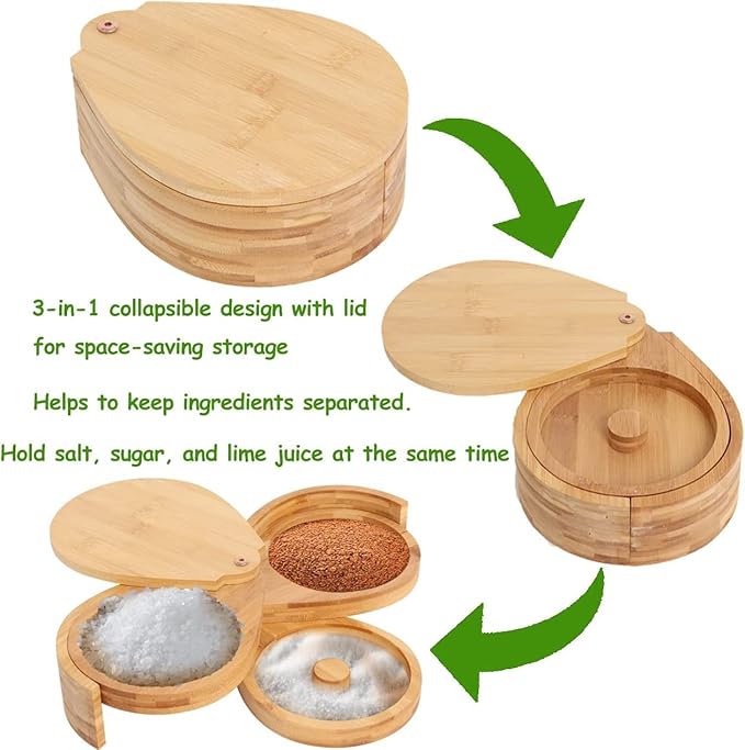 Bamboo Margarita Salt Rimmer Set - 3 Tier Glass Rimmer with Lid and 6 Sponges for Cocktails, Bar Salt and Sugar for House Party, Bloody Mary, Manhattan Drinks