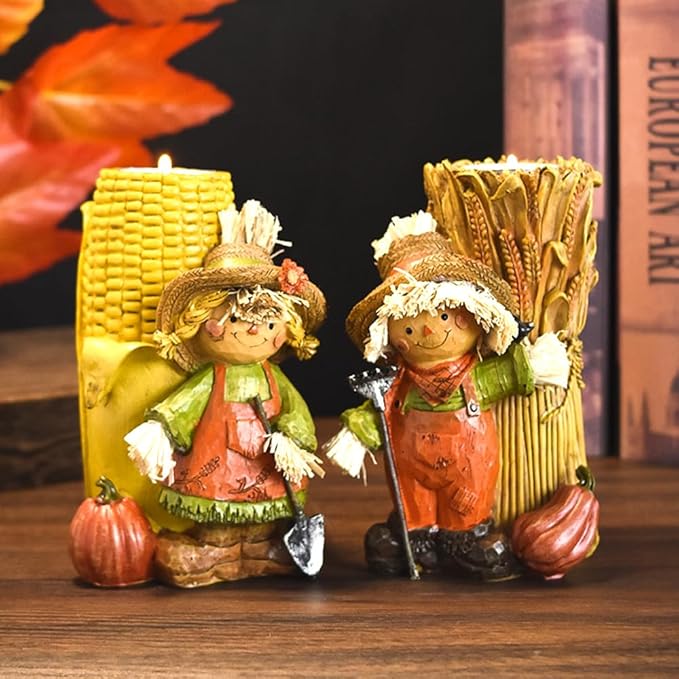 Handcrafted Thanksgiving Scarecrow Figurines, Fall Harvest Tabletop Decorations with Candle Holder, Autumn Resin Decor for Home, Porch, or Garden (Girl)