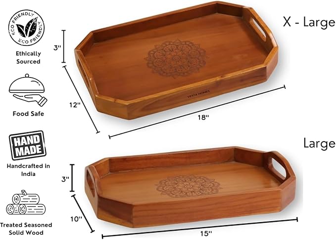 Vesta Homes Set of 2 Zak Acacia Wood Rectangular Serving Tray for Home/Kitchen/Restaurant/Office Organizer/Dining Table|Premium Wooden Trays|48 X 33 ; 40 x 27 cm | Handcrafted in India