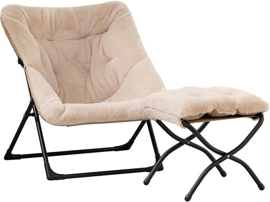 HollyHOME X-Large Saucer Chair with Foldable Ottoman, Comfy Oversized Folding Chair and Folding Footrest Stool Set, Faux-Fur Reading Chair and Footstool for Living Room, Light Khaki Chair&Stool