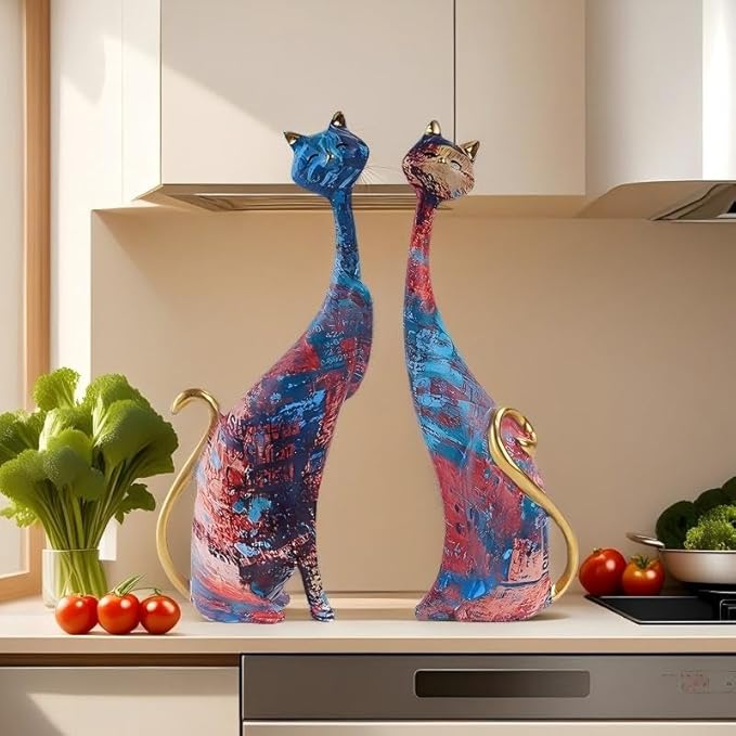 Cat Decor cat Lovers Birthday Gifts for Women Oil Painting Resin cat Art Decorative Sculptures Colorful Cat Statue Home Decor 9.84in 2 pcs