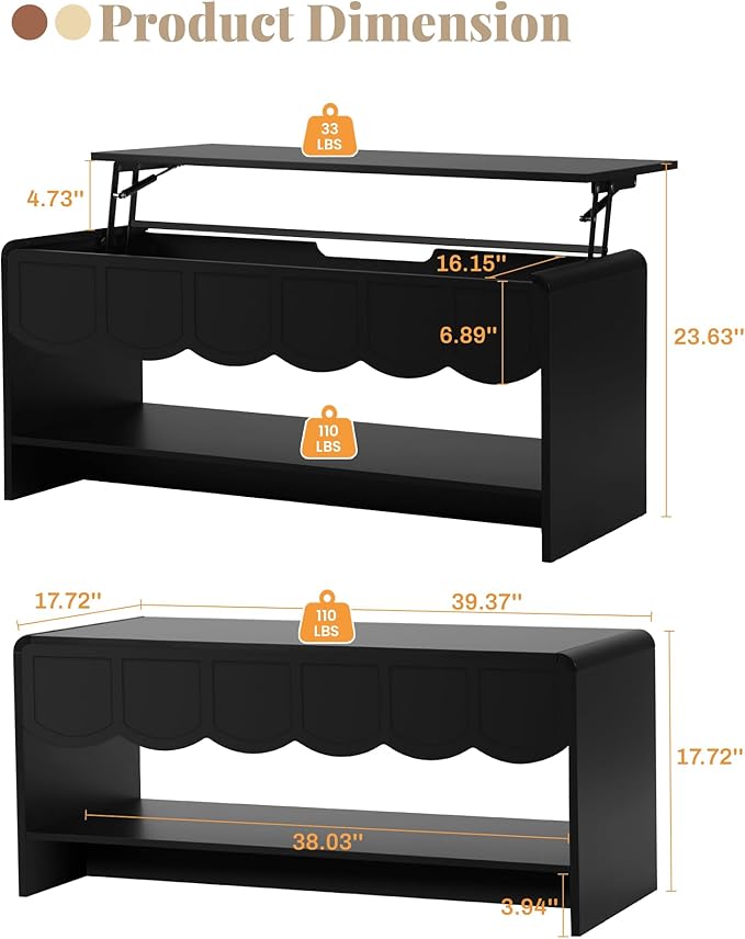 Lift Top Coffee Table with Hidden Compartment, 2 Tier Wooden Center Table with Wave Panel, Modern Lift Tabletop for Home Living Room Office, Black
