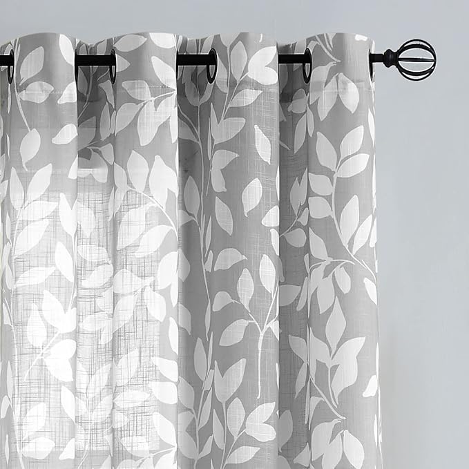 Grey White Sliding Door Curtain 84 inch Length Semi Sheer Leaf Print Curtains for Living Room Bedroom Linen Textured Look Light Filtering Window Curtain Panels Botanical Window Drapes 100” w 1pcs