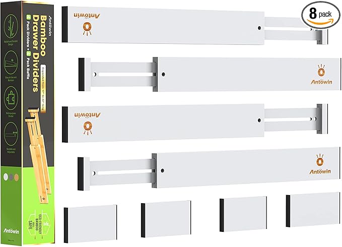 ANTOWIN Bamboo Drawer Dividers Organizers, Expandable Drawer Separators Splitter,17-22 inches Long Adjustable Spring-loaded Organizer for Large Utensil, Clothes, Tools Drawers (White)