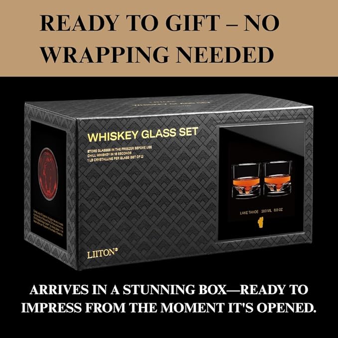 LIITON Lake Tahoe Heavy Crystal Whiskey Glasses Gift Set of 2, Thick Freezable Bourbon Glass 1lb Each, Premium Whiskey Gifts for Men, Frozen Crystal Chills Cocktails, 10 oz