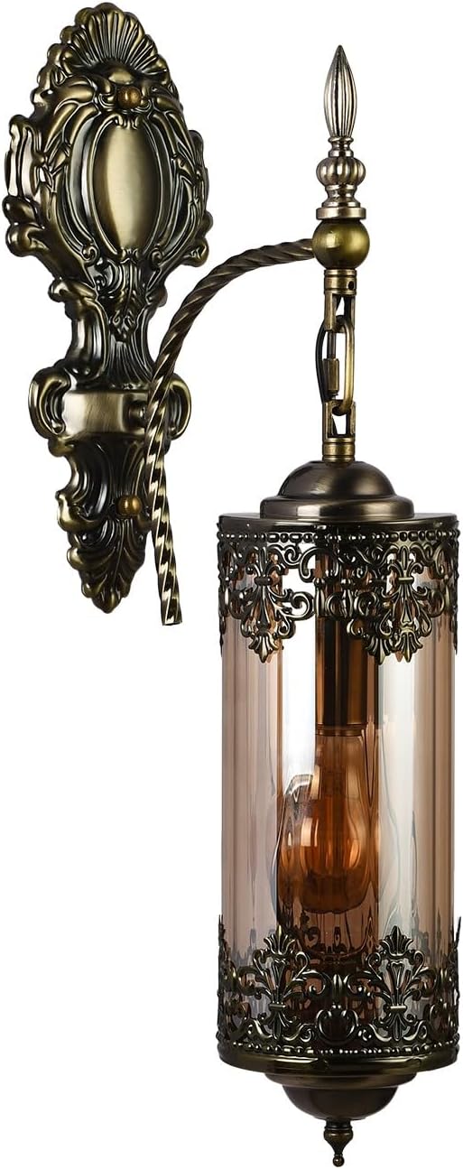 Rustic Wall Sconce with Amber Glass,Vintage Antique Gothic Wall Light Fixture E26 Mid Centry Lantern Bedside Sconces Wall Lighting for Living Room Bathroom Hallway Mirror