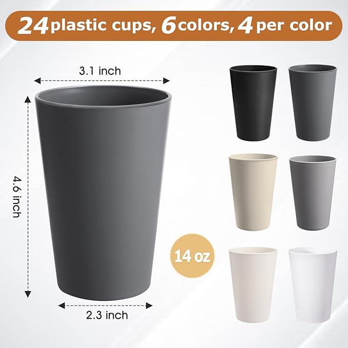 24 Pcs Unbreakable Plastic Cups Set, 14 oz Reusable Plastic Cups, Stackable Water Tumblers, Drinking Cup for Kitchen, Outdoor, BPA-free, Dishwasher Refrigerator and Microwave Safe (14 oz, 6 Colors)