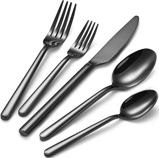 Black Silverware Set for 8, Heavy-Duty Stainless Steel Black Flatware Cutlery Set, Modern Round Handle Utensils, Dishwasher Safe for Home, Restaurant, Mirror Polished, 40-PCS