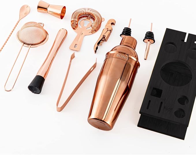 SOING 11-Piece Mixology Bartender Kit with Stand,Bar Kit Cocktail Shaker Set with All Essential Accessories:Martini Shaker,Spoon,Muddler,Strainer,Jigger,Tongs,Liquor Pourers