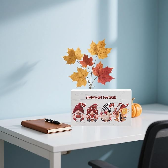 American Football Home Office Desk Decor - Funny Rustic Football Touchdown Season Decor, Fall Football Game Day Football Season Party Wooden Box Sign 5 x 8 Inches