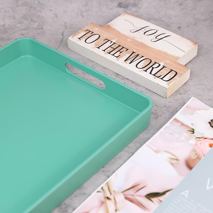 Green Decorative Serving Tray with Handles, Plastic Coffee Table Tray for Outdoor Patio, Living Room, Ottoman, Bathroom Counter, 10.2”*15.7”*1.4”