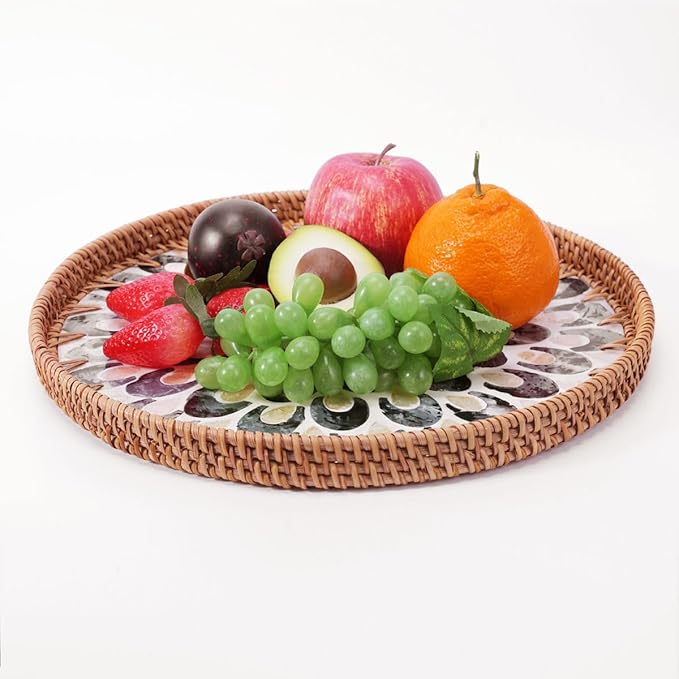 Shellac Rattan Tray with Mother of Pearl Inlay, Round Decorative Serving Tray for Home Décor Coffee Table Storage and Display, 100% Natural Materials - Ottoman Tray Black 13.5"