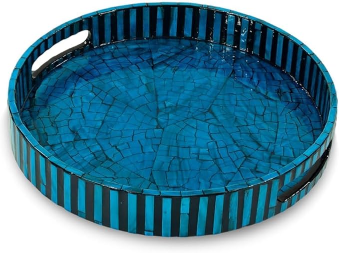 CLAYNIX Serving Tray 12.5 Inch, Lacquer Mother of Pearl Inlay Mosaic Tray, Round Wooden Marble Tray with Handles Trays for Tea, Breakfast (Dark Blue)