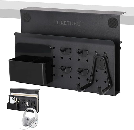 LUKETURE Desk Side Storage, No Drill Laptop Side Desk Mount, Steel Hanging Organizer, with Pegboard Accessories, Clamp on Laptop Holder for Office and Home, Fits Flat Edge Tables 0.3" to 2.8"