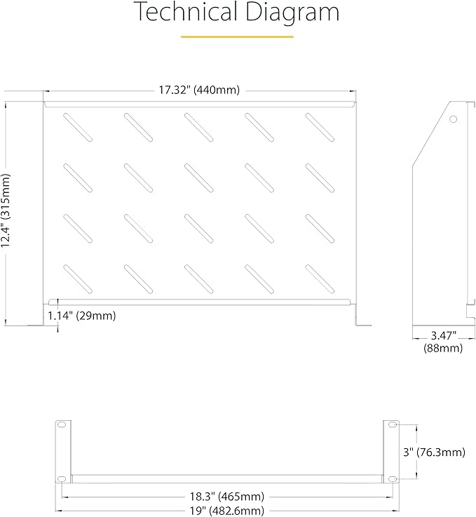 StarTech.com 2U Rack Shelf, 12" Mounting Depth, Vented Cantilever Tray for 19" AV/Network Equipment, 25lb Capacity, for Small Office/Home Office