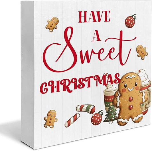 Christmas Kitchen Decorations, Hot Cocoa Wooden Sign Gingerbread Decor, Farmhouse Christmas Wooden Block Sign, Christmas Home Decor for Table Shelf 5 x 5 Inch