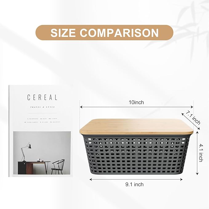 Small Storage Bins with Bamboo Lid, Plastic Storage Box with Lid, 5QT Stackable Organizing Basket with Lable, Storage Container for Classroom, Office, Closet, Shelf Organization, 10x7x4 In-Grey-6 Pcs