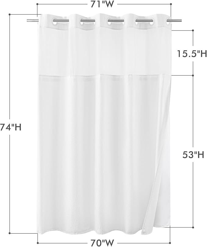 Mrs Awesome No Hook Shower Curtain with Snap-in Liner Less Time On/Off, Embossed Waffle-Look Textured Fabric Shower Curtain for Bathroom Hotel Style, Washable, Soft & Lightweight, 71x74, White