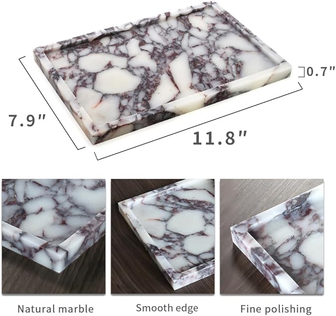 Real Luxurious Natural Marble Vanity Tray Genuine Marble Storage Tray for Home Decor Stone Tray for Bathroom/Kitchen/Vanity/Dresser,Plate Holder for Tissues, Candles, Towel