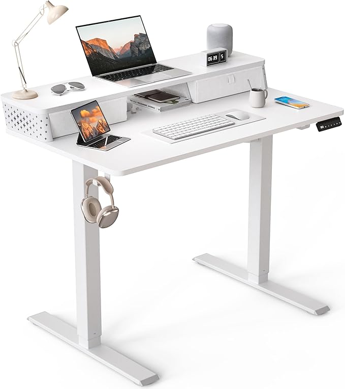 40 x 24 Inch Standing Desk with 2 Drawers, Easily Assembled Height Adjustable Desk, Ergonomic Sit to Stand Electric Desk for Home Office Workstation, White