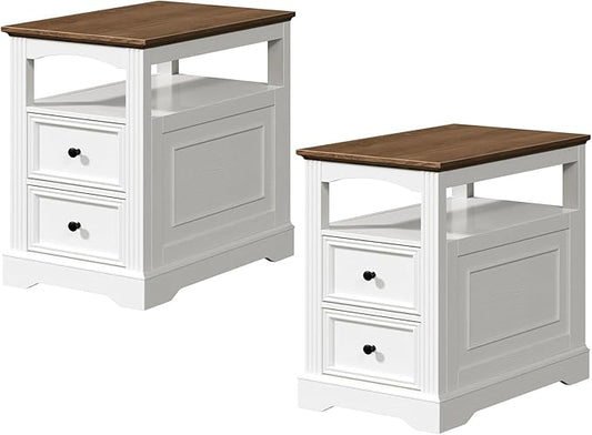 Farmhouse End Table Set of 2, Narrow Sofa Side Table with 2 Drawers and Open Shelf, Wooden Nightstand with Storage for Small Spaces, Bedroom, Living Room, White and Walnut