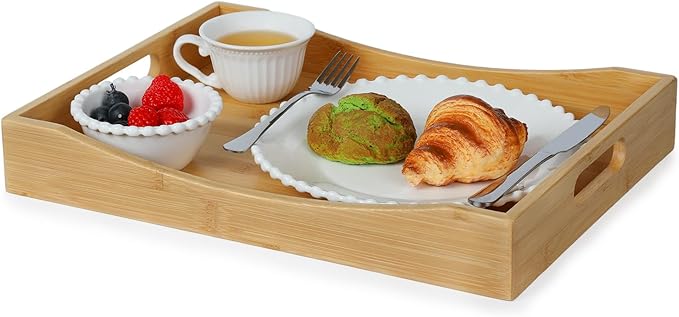 Gobam Bamboo Serving Tray with Handles, 16.5 x 12.4 inch Rectangular Decorative Tray for Entryway, Kitchen, Dining & Living Room, Large Wooden Breakfast Trays for Bed, Coffee Table & Ottoman