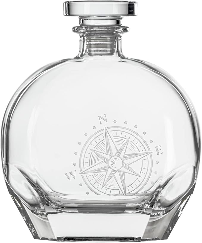 Rolf Glass Compass Star 23oz Whiskey Decanter and 2-10oz On the Rocks Glass 3pc Set | Perfect for Bourbon and Whiskey | Stylish Drinkware for Home Bar and Whiskey Lovers