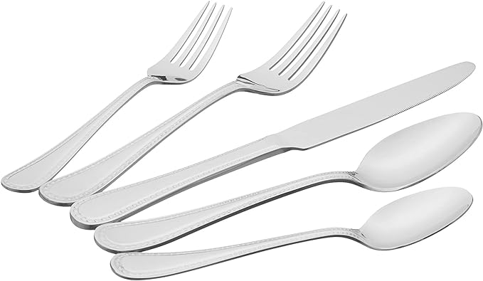 Amazon Basics Silverware Set, Stainless Steel Flatware, Dishwasher Safe, Service for 4, 20-Piece Forks and Spoons, Pearled Edge